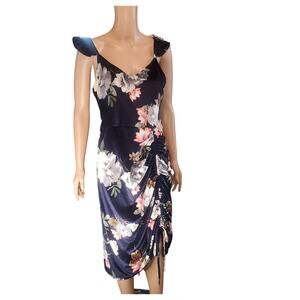 Navy Peach Velvet Floral Midi Dress Ruched Side Whimsigoth One One Six M